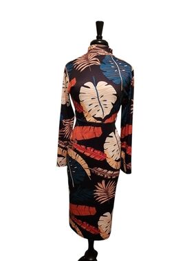 Tropical Leaf Print Long Sleeve Midi Dress - Black & Bold Colors